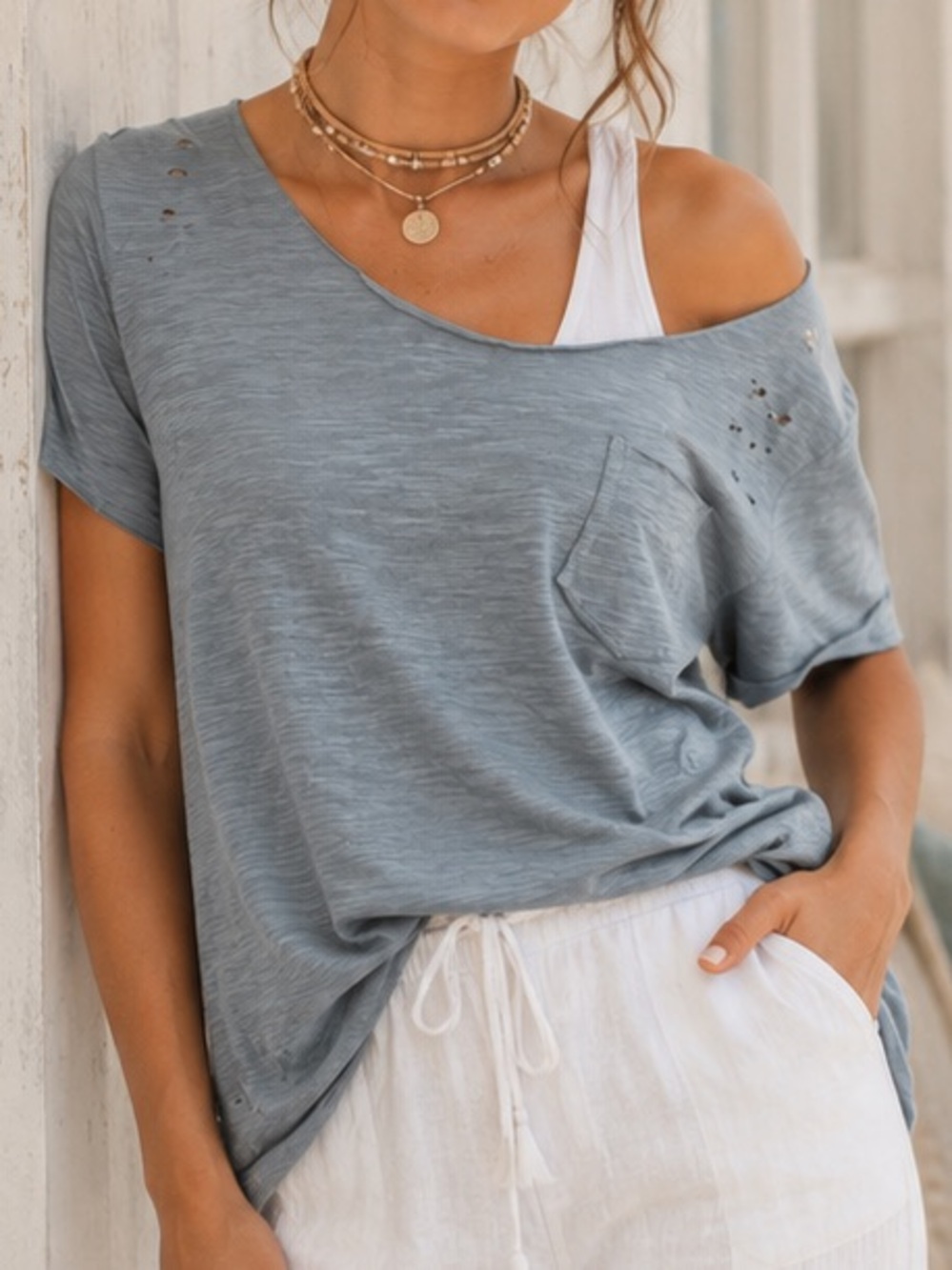 A Rare Bird Distressed Pocket Tee NWT Sky Blue 100% Cotton S/M